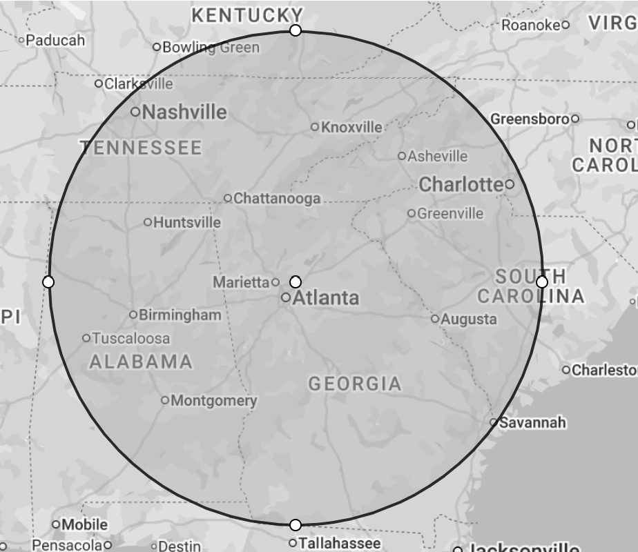 Service area — roughly 250-mile radius from Atlanta covering Georgia, Tennessee, Alabama, and parts of the Carolinas and northern Florida